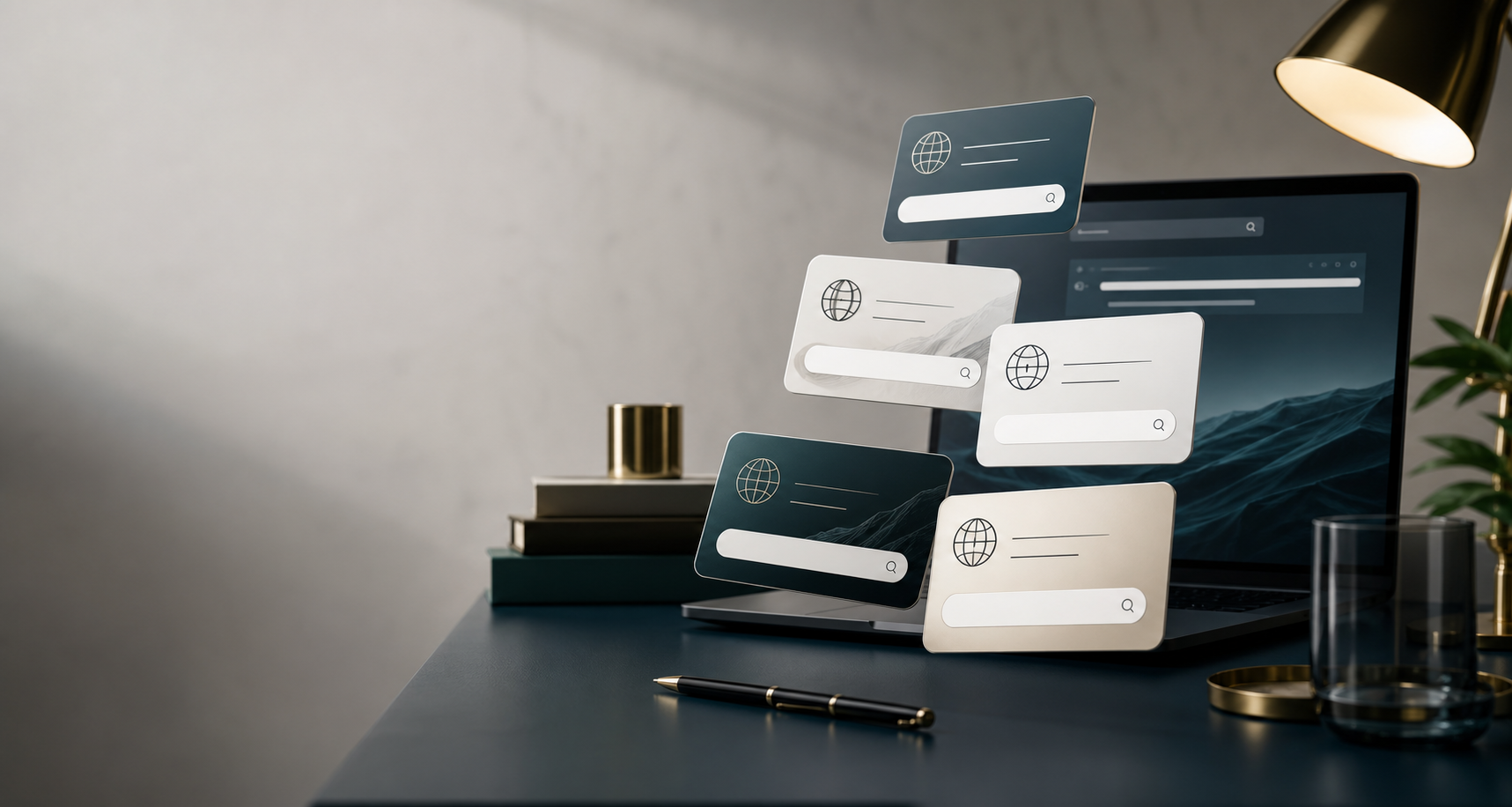 Premium domain cards floating above a modern digital workspace